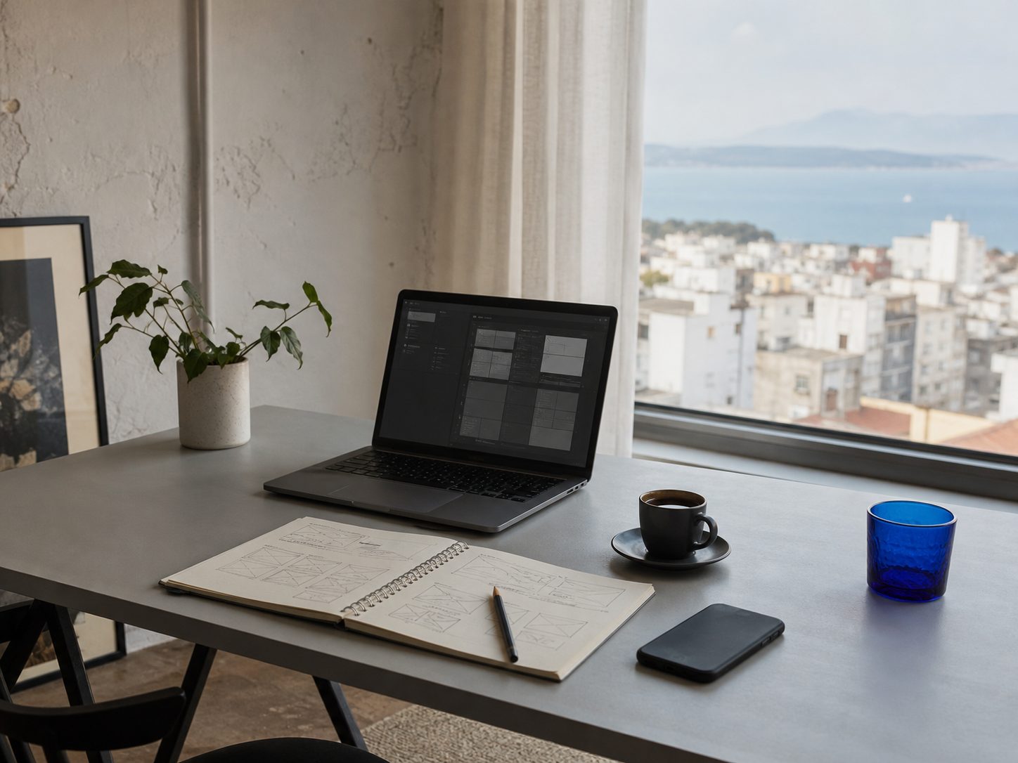 Γραφείο εργασίας με laptop, τετράδιο με σκίτσα σελίδων και θέα στη θάλασσα